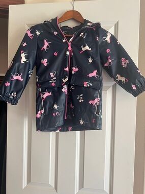 Joules Navy Unicorn Print Kids Raincoat with Pink Accents